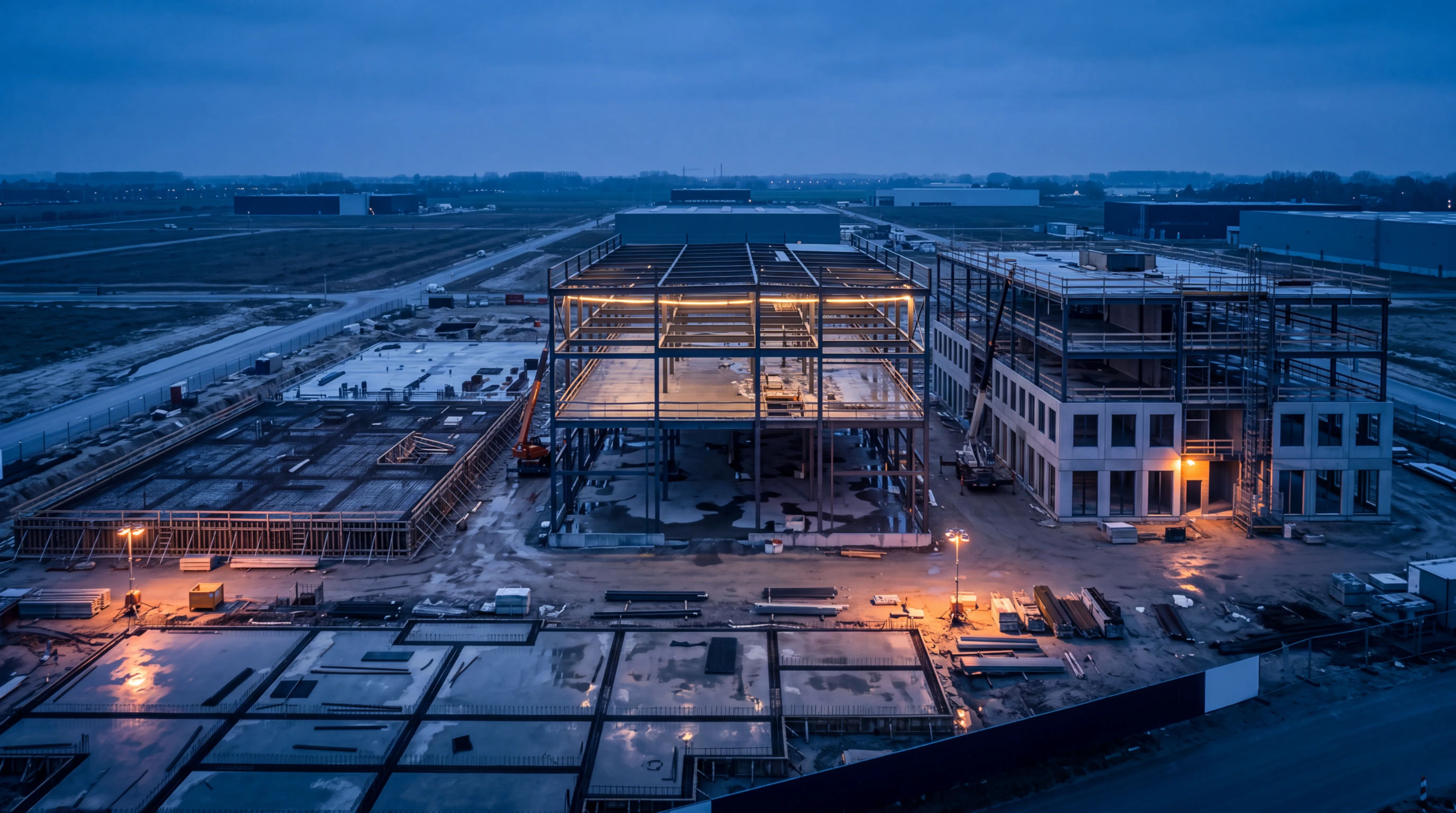 Three buildings under construction side by side at blue hour: foundation formwork, a steel frame, and a partly clad building